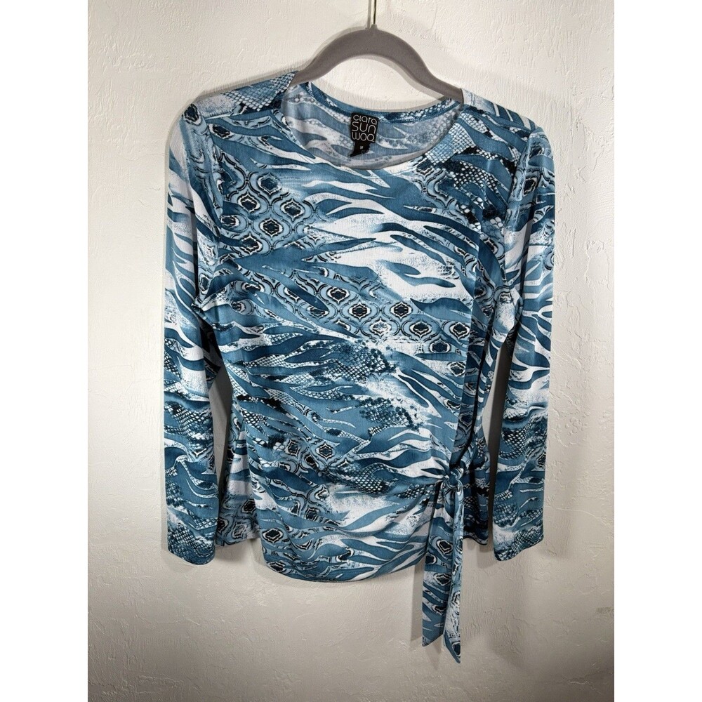 Clara Sun Woo Blue Turquoise Animal Abstract Woman’s Medium Side Tie Blouse
